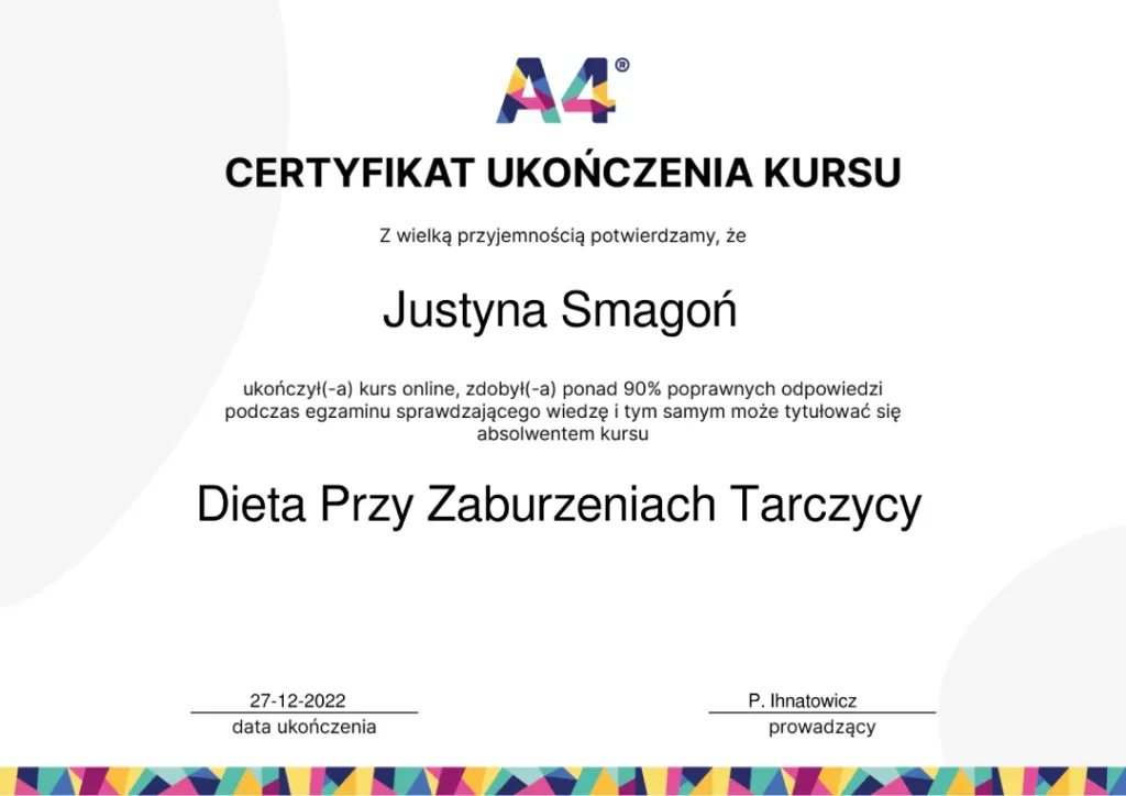 Certyfikat ukończenia kursu Dieta przy zaburzeniach tarczycy