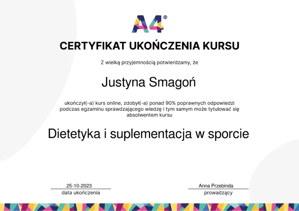 Certyfikat ukończenia kursu Dietetyka i suplementacja w sporcie