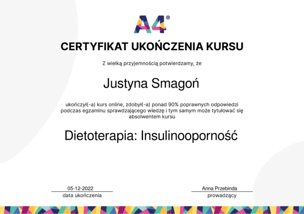 Certyfikat ukończenia kursu Dietoterapia: Insulinooporność