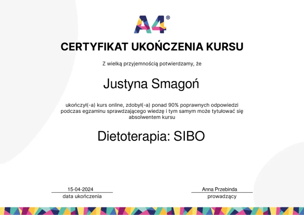Certyfikat ukończenia kursu Dietoterapia SIBO