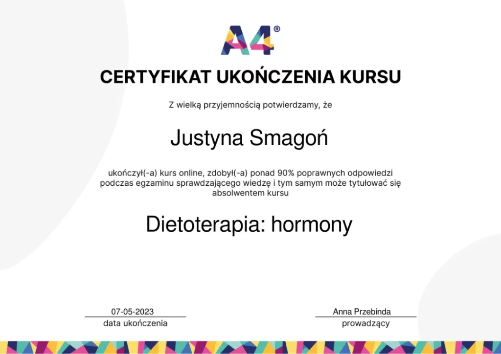 certyfikat ukończenia kursu Dietoterapia: hormony