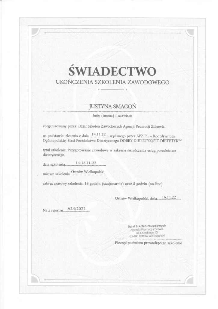 świadectwo ukończenia szkolenia zawodowego w zakresie świadczenia usług z poradnictwa dietetycznego