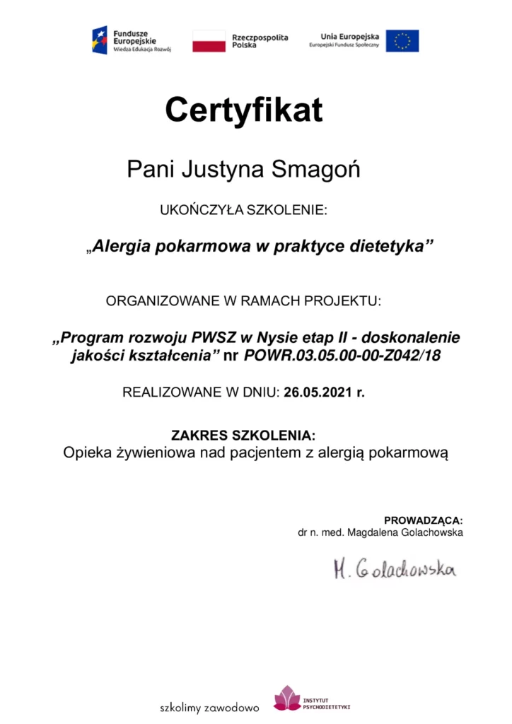 certyfikat ukończenia szkolenia Alergia pokarmowa w praktyce dietetyka