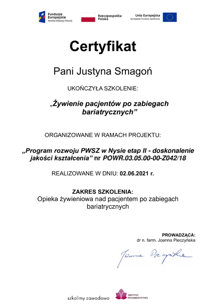 certyfikat ukończenia szkolenia Żywienie pacjentów po zabiegach bariatrycznych