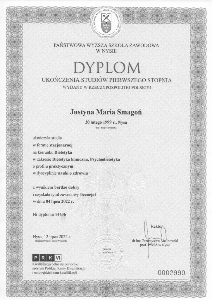 dyplom ukończenia studiów pierwszego stopnia na kierunku dietetyka