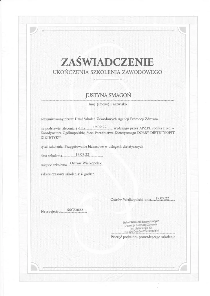 zaświadczenie ukończenia szkolenia zawodowego przygotowanie biznesowe w usługach dietetycznych