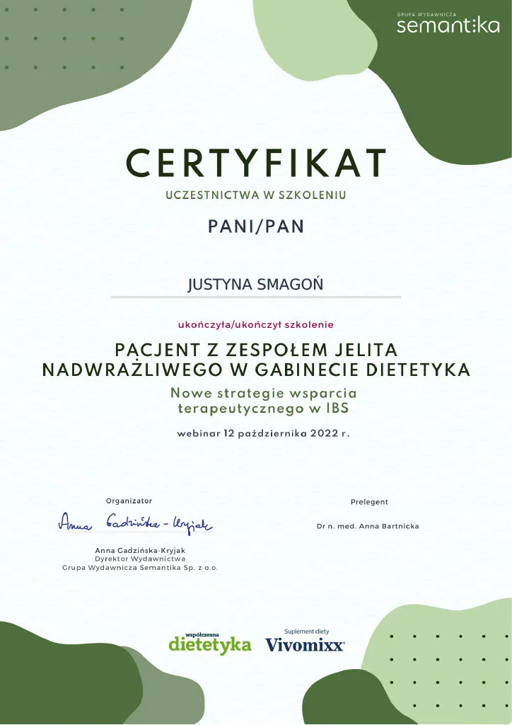 certyfikat uczestnictwa w szkoleniu Pacjent z zespołem jelita nadwrażliwego w gabinecie dietetyka